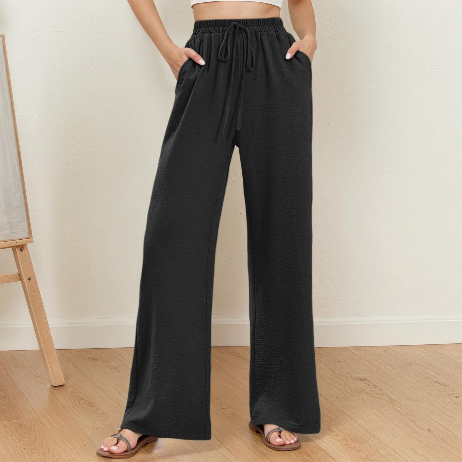 thumbnail image 2 of Pantalones palazzo de cintura alta y pierna ancha para mujer: ligeros, con cordón en la cintura, bolsillos, pantalones casuales de verano., 2 of 5